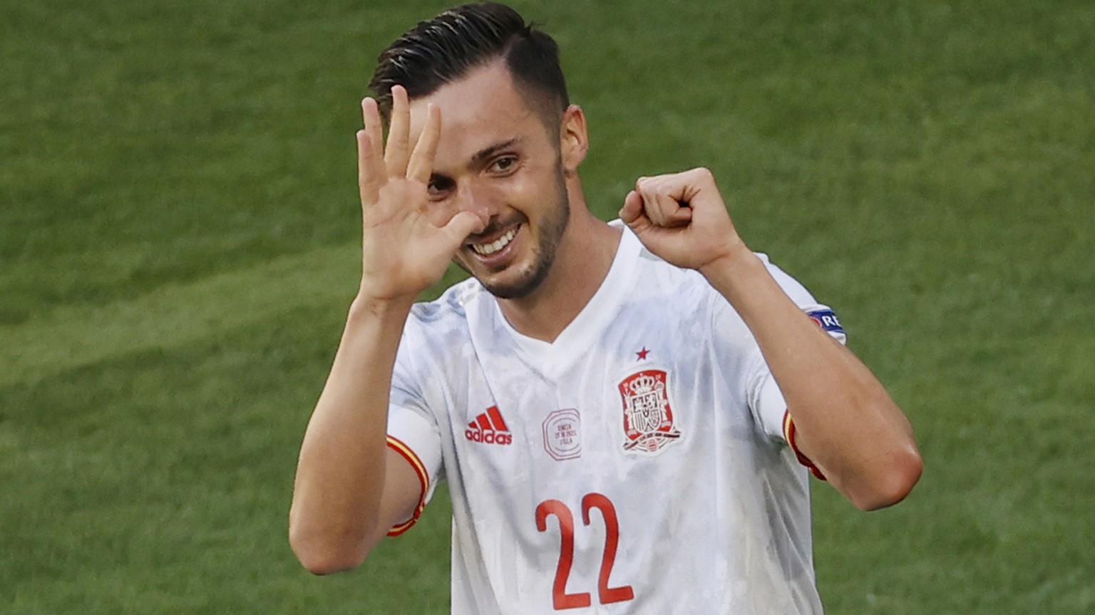 Spain&#039;s Pablo Sarabia celebrates after scoring his side&#039;s third goal during the Euro 2020 soccer championship group E match between Slovakia and Spain at La Cartuja Stadium in Seville, Spain ...