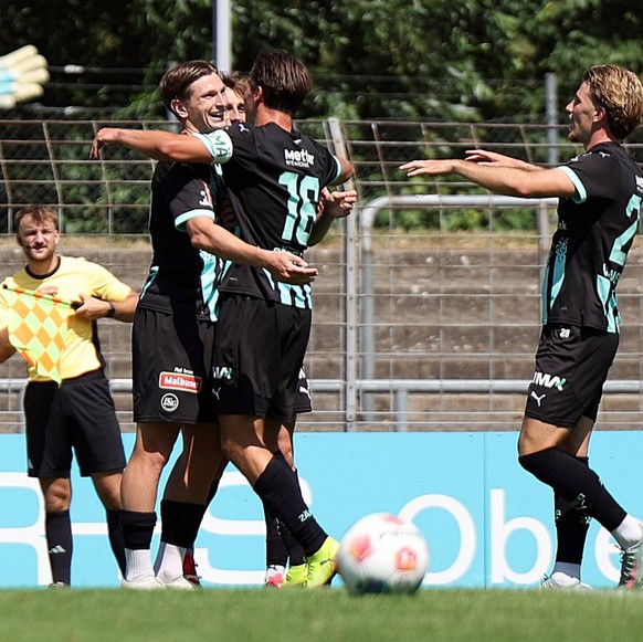 05.07.2025, xrekx, Fussball Blitzturnier, FC St. Gallen - 1.FC Kaiserslautern v.l. Torjubel nach dem Tor zum 2:0 celebrating the goal celebrate durch Alessandro Vogt FC St. Gallen mit Lukas G