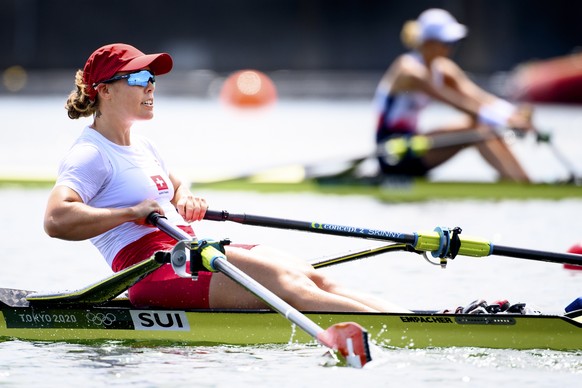 epa09359013 Swiss rower Jeannine Gmelin competes in the women&#039;s rowing single sculls heat at the 2020 Tokyo Summer Olympics in Tokyo, Japan, 23 July 2021. EPA/LAURENT GILLIERON EDITORIAL USE ONLY