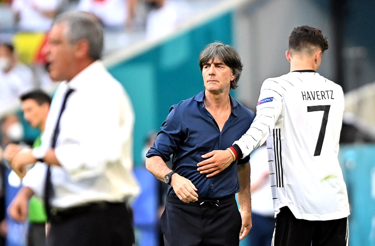 epa09286439 Germany's head coach Joachim Loew (C) and Kai Havertz (R) react during the UEFA EURO 2020 group F preliminary round soccer match between Portugal and Germany in Munich, Germany, 19 Ju ...
