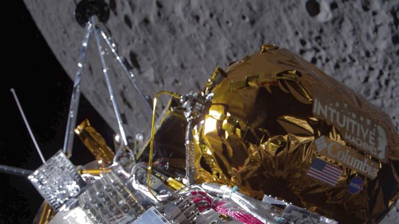 This image provided by Intuitive Machines shows its Odysseus lunar lander over the near side of the moon following lunar orbit insertion on Wednesday, Feb. 21, 2024. (Intuitive Machines via AP)