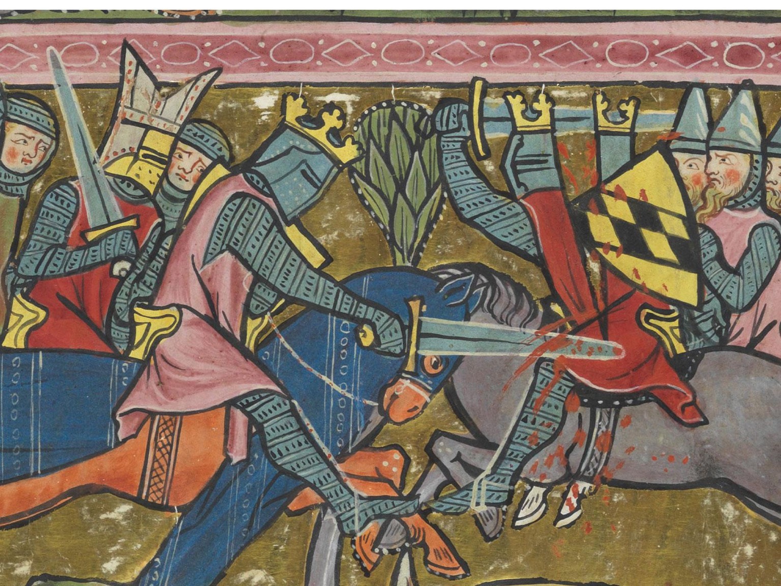 Zu keiner Waffe hatten die Ritter ein engeres Verhältnis als zu ihren Schwertern. Bild aus der Weltchronik von Rudolf von Ems, um 1300.
https://www.e-codices.unifr.ch/de/vad/0302/II_35v