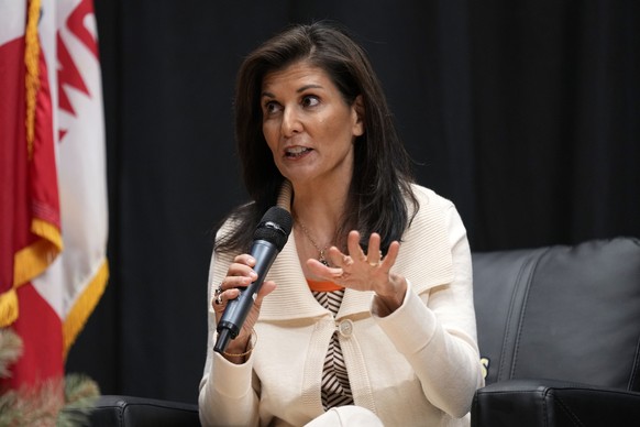 Republican presidential candidate former United Nations Ambassador Nikki Haley speaks during U.S. Rep. Randy Feenstra&#039;s, R-Iowa, Faith and Family with the Feenstras event, Saturday, Dec. 9, 2023, ...