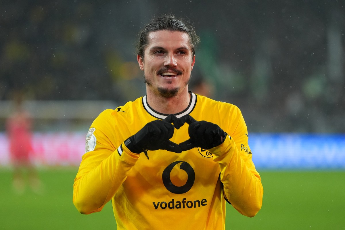 DORTMUND, GERMANY - OCTOBER 27: Marcel Sabitzer of Borussia Dortmund celebrates scoring his team’s third goal during the DFB Cup 2026/27 match between Borussia Dortmund and SV Werder Bremen at Signal  ...