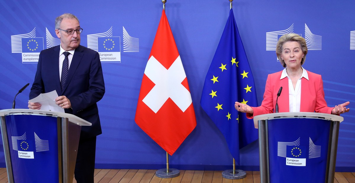 epa09154267 European Commission President Ursula Von der Leyen (R) and Swiss President Guy Parmelin hold a press conference during their meeting at the European Commission building in Brussels, Belgiu ...