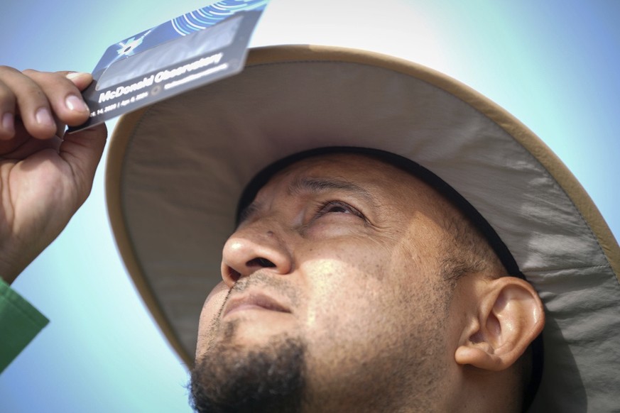 Fransisco Vielma, science and social studies director for Eagle Pass ISD, looks at the sun ahead of a total solar eclipse Monday, April 8, 2024, at Eagle Pass Student Activities Center in Eagle Pass, ...