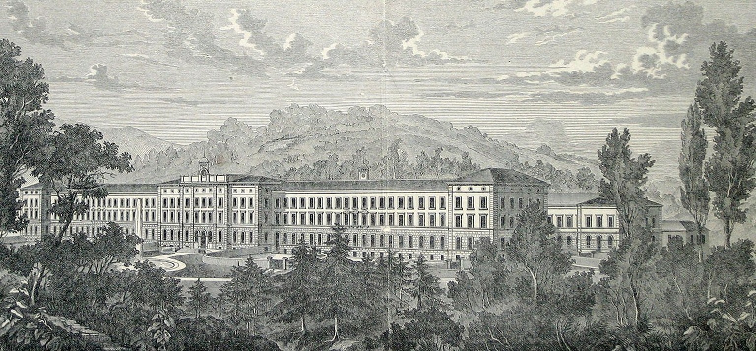 Forels langjährige Wirkungsstätte. Die Klinik Burghölzli auf einem Stich von 1890.
https://commons.wikimedia.org/wiki/File:Burgh%C3%B6lzli_Stich.jpg