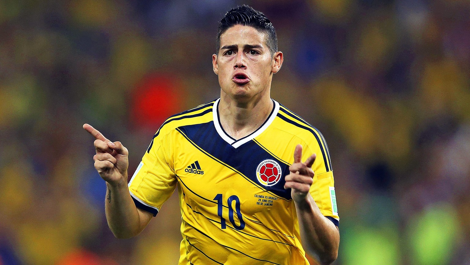 epa04557437 (FILE) A file picture dated 28 June 2014 of James Rodriguez of Colombia celebrating after scoring the 1-0 lead during the FIFA World Cup 2014 round of 16 soccer match between Colombia and  ...