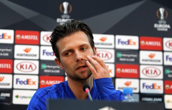 epa08228572 Basel&#039;s player Valentin Stocker attends a press conference at the GSP Stadium in Nicosia, Cyprus, 19 February 2020. Basel FC will face APOEL Nicosia in the UEFA Europa League round of ...