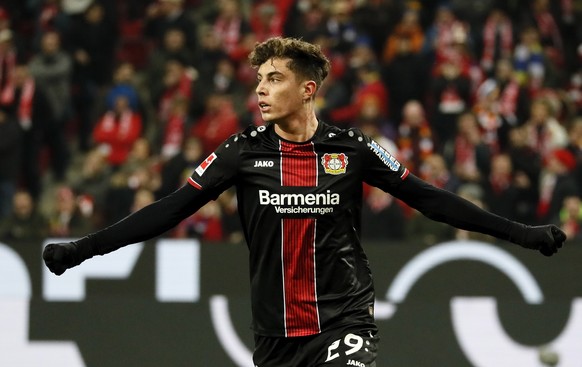 epa07353644 Leverkusen's Kai Havertz celebrates scoring the 2-1 lead during the German Bundesliga soccer match between 1. FSV Mainz 05 and Bayer Leverkusen in Mainz, Germany, 08 February 2019. EP ...