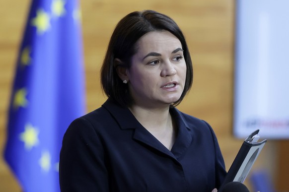 epa11957950 Belarusian opposition leader Svetlana Tikhanovskaya gives an interview at the European Parliament in Strasbourg, France, 12 March 2025. The EU Parliament&#039;s session runs from 10 to 13  ...