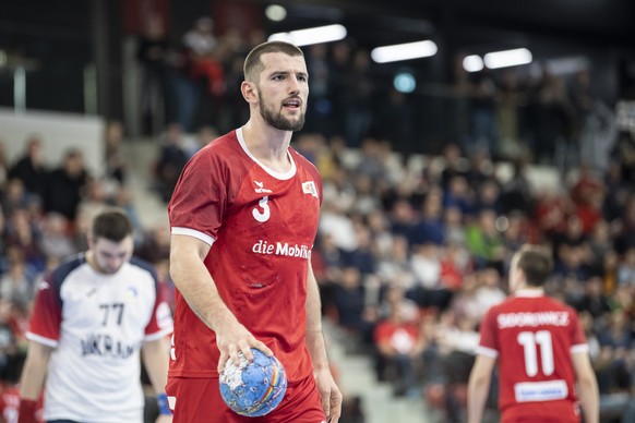 Switzerland's Lucas Meister reacts during the Yellow Cup Handball game between Switzerland and Ukraine in Switzerland, Winterthur, Friday 03 January 2020. (KEYSTONE/Ennio Leanza)