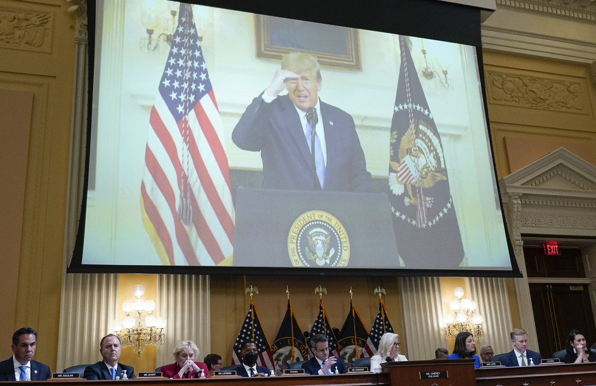 A video of President Donald Trump recording a statement on Jan. 7, 2021, is played, as the House select committee investigating the Jan. 6 attack on the U.S. Capitol holds a hearing at the Capitol in  ...