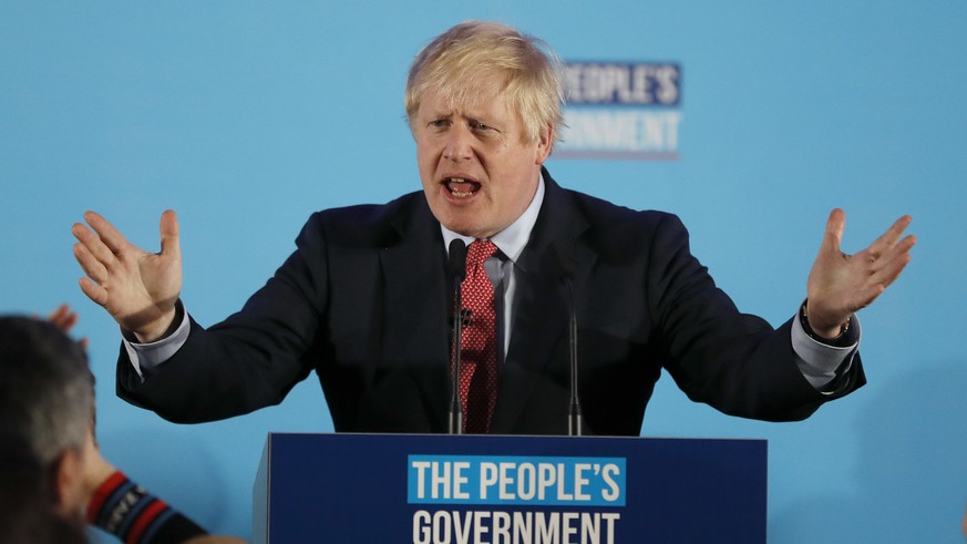 Britain&#039;s Prime Minister Boris Johnson speaks at a campaign event at the Queen Elizabeth II Centre in London, Friday, Dec. 13, 2019. Prime Minister Boris Johnson&#039;s Conservative Party has won ...
