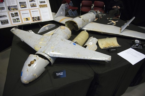 The remains of an Iranian Qasef-1 Unmanned Aerial Vehicle, used as a one-way attack UAV to dive on targets and then detonating its warhead, which was fired by Yemen into Saudi Arabia, according to U.S ...