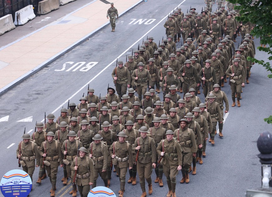 June 14, 2025, Washington Dc, Virginia, USA: Members of the US Army National Guard 42nd Infantry Division, nicknamed the Rainbow Division, march during the Army 250th Anniversary Parade in Washington, ...
