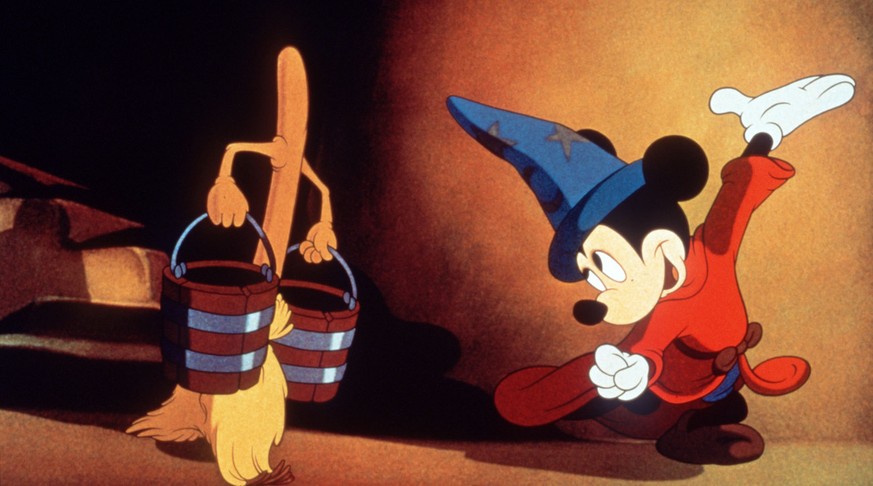 Wehe, wenn die Situation ausser Kontrolle gerät. Zauberlehrling Micky Maus mit seinem Wasserträger-Besen.