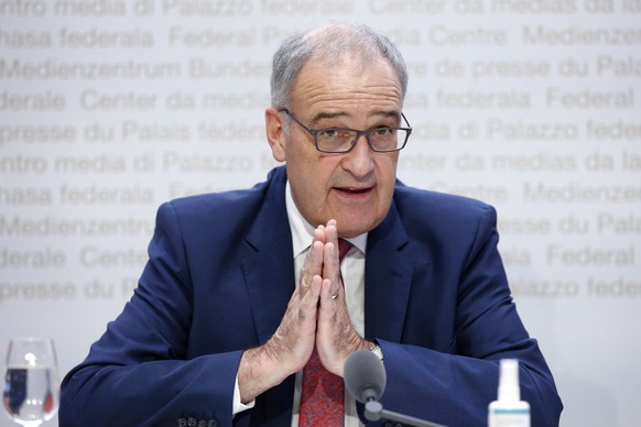 Bundespraesident Guy Parmelin spricht waehrend einer Medienkonferenz des Bundesrates zum EU-Rahmenprogramm fuer Forschung und Innovation &quot;Horizon Europe&quot;, am Freitag, 17. September 2021, in  ...