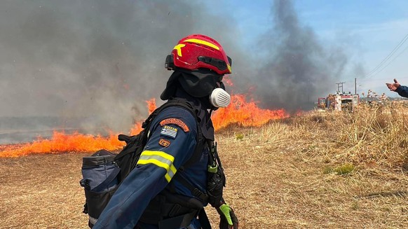 epa13143708 Firefighter battle a wildfire in the Fichtia area of Argolida in the Peloponnese region, Greece, 31 July 2026. Residents were ordered to evacuate toward Argos as 42 firefighters, including ...