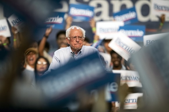 epa07616390 Senator Bernie Sanders delivers a speech during his rally at the Convention Center in Pasadena, California, USA, 31 May 2019. Bernie Sanders is seeking to be the Democratic party candidate ...