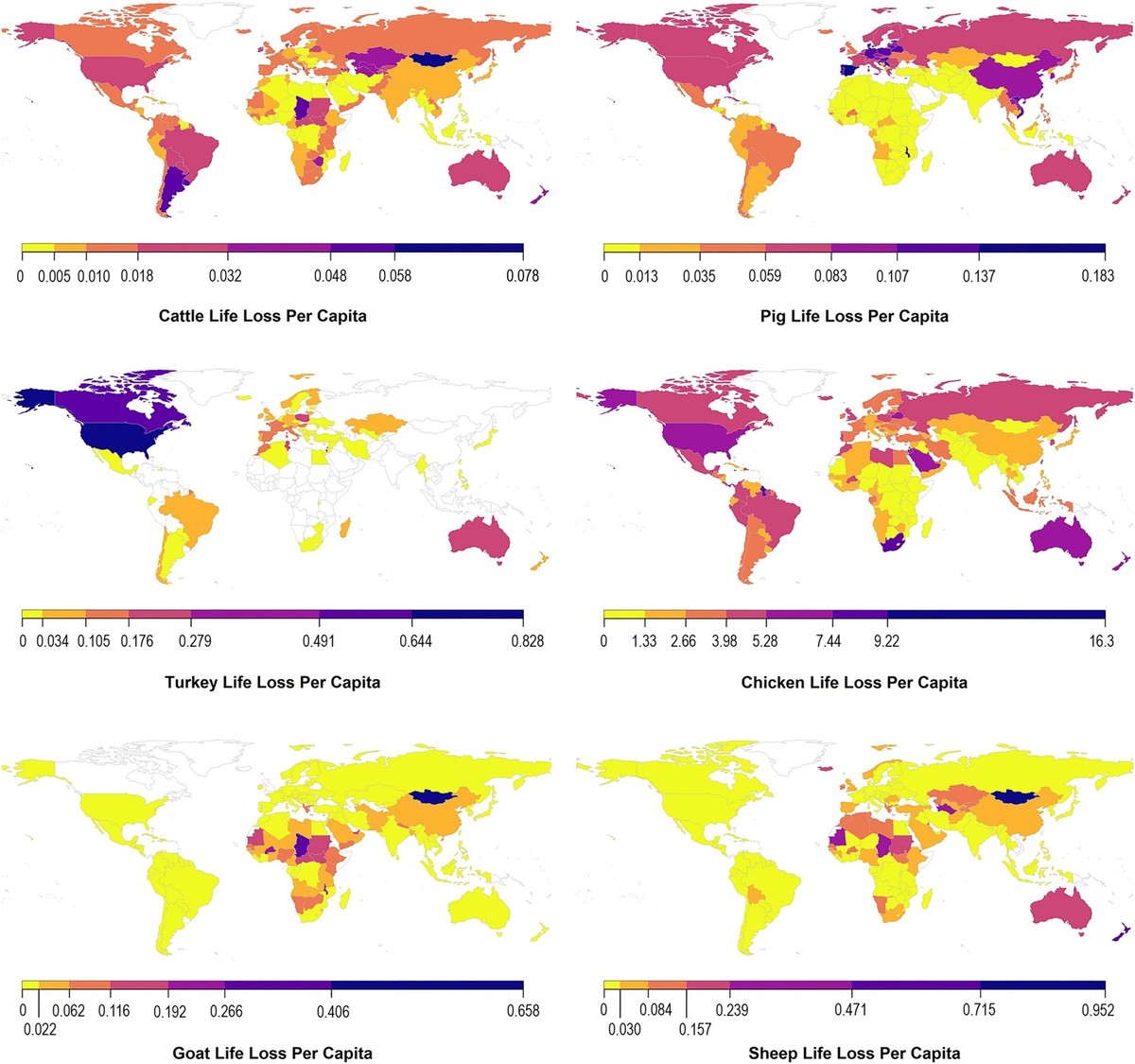 Global per-capita animal life loss embodied in MLW in 2019. Countries in white lacked data or were not covered in the analysis.
https://www.sciencedirect.com/science/article/pii/S2352550923002579?via% ...