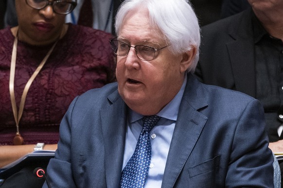 Under-Secretary-General for Humanitarian Affairs and Emergency Relief Coordinator Martin Griffiths speaks during the UN Security Council meeting to discuss the maintenance of peace and security of Ukr ...