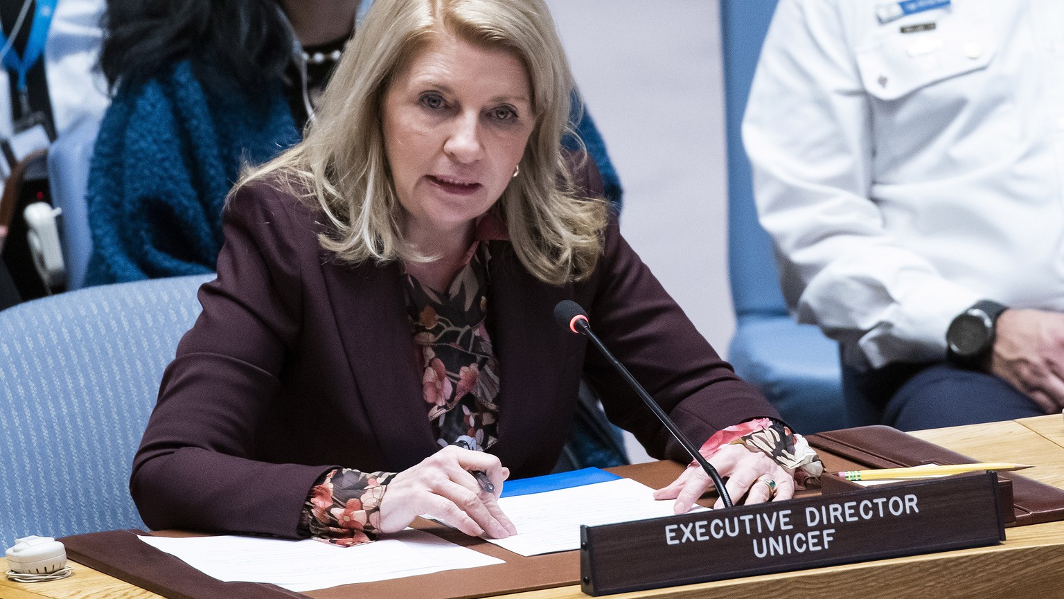 Executive Director of UNICEF Catherine Russell addresses members of the U.N. Security Council at United Nations headquarters Monday, Oct. 30, 2023. (AP Photo/Eduardo Munoz Alvarez)