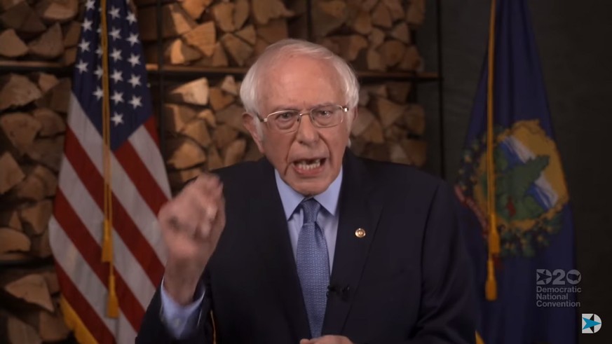 epa08610101 A frame grab from a video feed made available by the Democratic National Convention (DNC) shows US Senator Bernie Sanders speaking during the first night of the Democratic National Convent ...