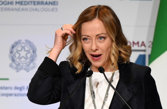 epa11743522 Italian Prime Minister Giorgia Meloni delivers a speech during the Rome Med - Mediterranean Dialogues conference in Rome, Italy, 27 November 2024. The MED conference is held in Rome from 2 ...