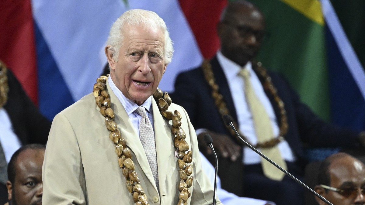 Britain's King Charles III delivers a speech during the opening ceremony for the Commonwealth Heads of Government Meeting (CHOGM) in Apia, Samoa, on Friday, Oct. 25, 2024. (AP Photo/William West, ...