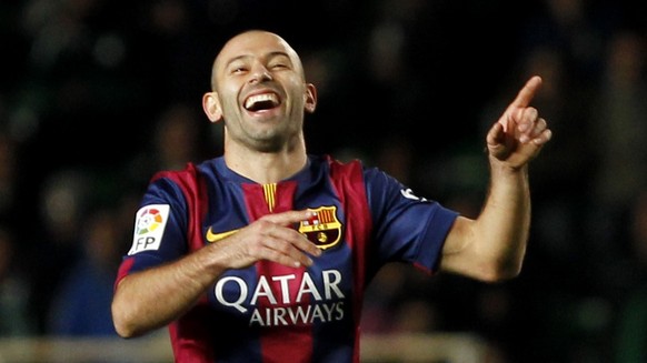 Barcelona&#039;s Javier Mascherano, from Argentina, laughs during a Spanish La Liga soccer match between Elche and Barcelona, at the Martinez Valero stadium in Elche, Spain, Saturday, Jan. 24, 2015. ( ...