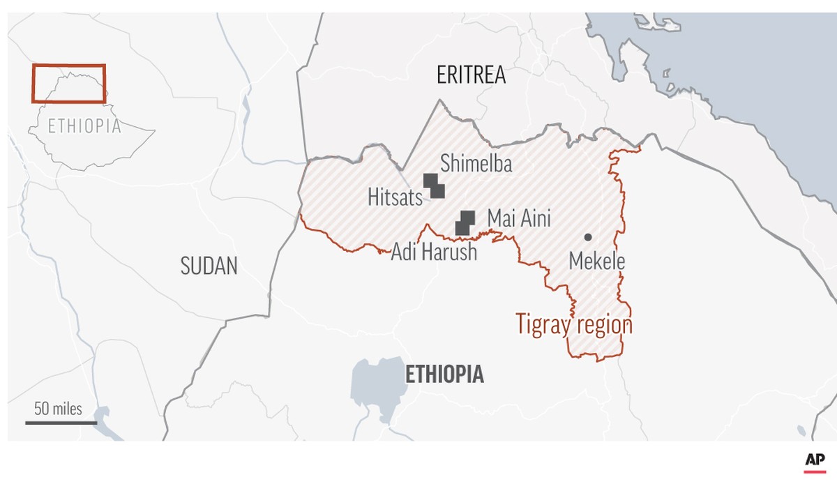 Map of Ethiopia���s northern Tigray region locates camps.