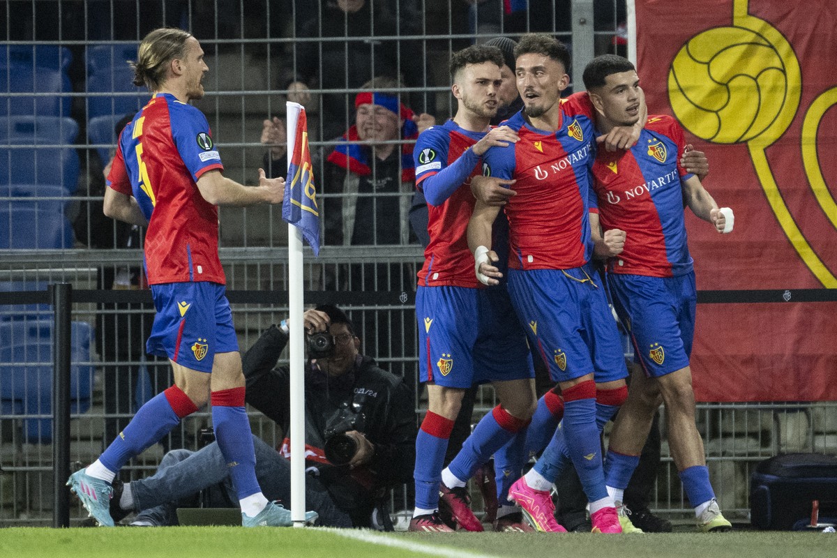 Basel's Zeki Amdouni celebrates after his 1:0 goal during the UEFA Conference League soccer match between Switzerland's FC Basel 1893 and OGC Nice of France at the St. Jakob-Park stadium in  ...