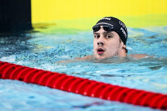 Le nageur tessinois Noe Ponti reagit pendant le 50 m libre lors de la 6eme edition du meeting international de natation "Lausanne Swim Cup" le vendredi 13 mars 2026 a la Vaudoise arena a Pri ...