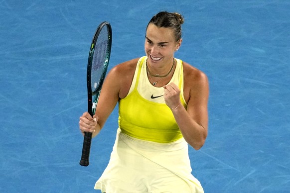 Aryna Sabalenka of Belarus celebrates after defeating Anastasia Pavlyuchenkova of Russia in their quarterfinal match at the Australian Open tennis championship in Melbourne, Australia, Tuesday, Jan. 2 ...