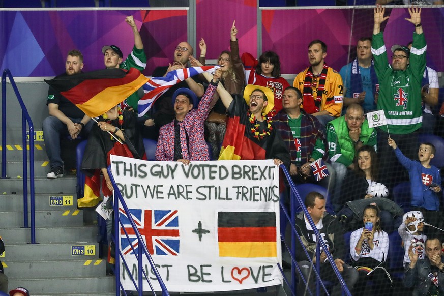 epa07562783 Fans of Germany and Great Britain cheer during during the IIHF World Championship group A ice hockey match between Germany and Great Britain at the Steel Arena in Kosice, Slovakia, 11 May  ...