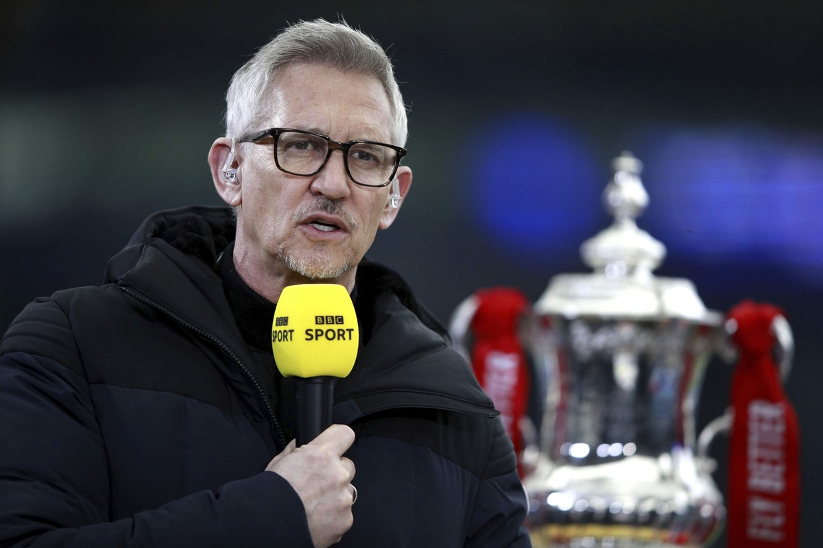 FILE - British Broadcaster and former soccer player Gary Lineker speaks, during the English FA Cup soccer match between Leicester City and Manchester United, in Leicester, England, March 21, 2021. (Ia ...