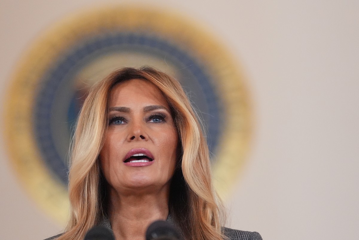 First lady Melania Trump speaks to reporters Thursday, April 9, 2026, in the Grand Foyer of the White House in Washington. (AP Photo/Jacquelyn Martin)
Melania Trump