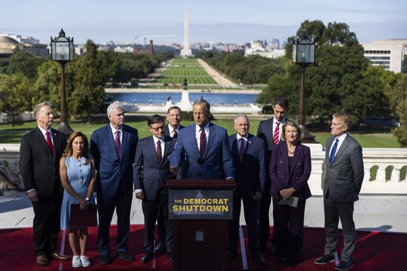 epa12420551 Republican leaders of the US House and Senate, including Speaker of the House Mike Johnson (C-L) and Senate Majority Leader John Thune (C), speak to the media about the government shutdown ...