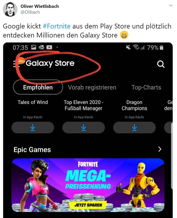 Wer heute Samsungs Galaxy Store öffnet, bekommt gross «Fortnite» präsentiert.