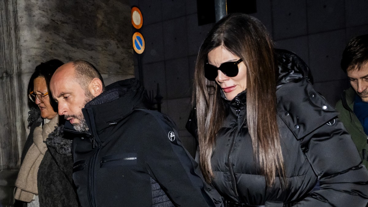 The owners of the bar in Crans-Montana, where the deadly fire happened on New Year's Day, Jacques and Jessica Moretti from France, center, arrive with their lawyers Yael Hayat and Patrick Michod, ...