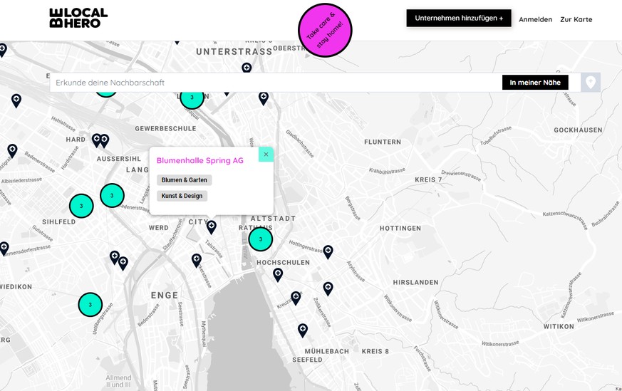 Und so sieht «Be Local Hero» aus: Jede Markierung steht für ein Quartierladen, der seine Produkte per Onlinebestellung ausliefert.