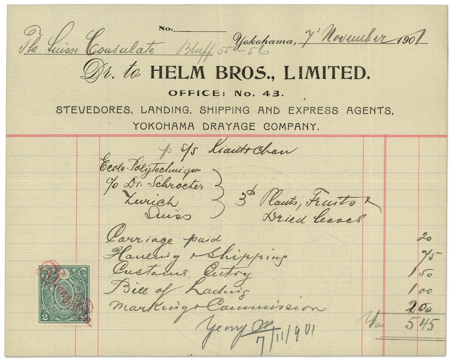 Lieferschein für Pflanzen, Früchte und getrocknete Botanik aus Japan, 1901.
https://www.recherche.bar.admin.ch/recherche/#/de/archiv/einheit/3288537?q=E80#1000/1126#1379*