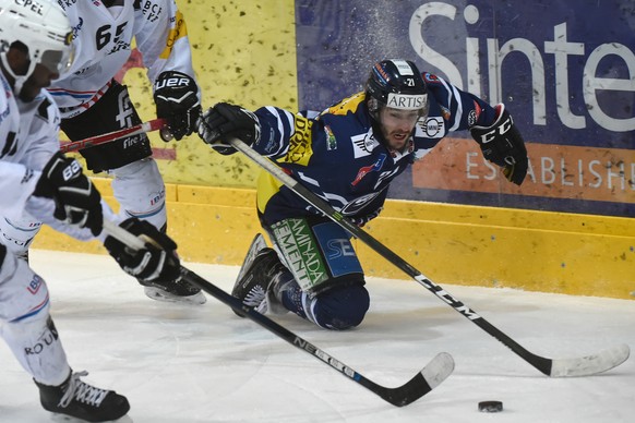 Ambri&#039;s player Jason Fuchs, during the fourth Playout final game of National League A (NLA) Swiss Championship 2016/17 between HC Ambri Piotta and Fribourg Gotteron, at the ice stadium Valascia i ...