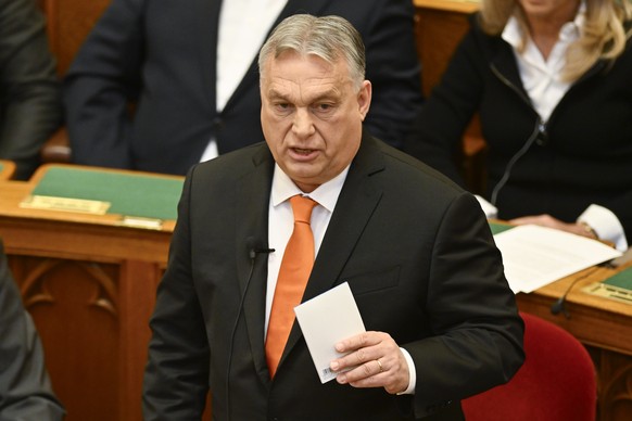 Hungarian Prime Minister Viktor Orban speaks after addressing a parliament session, on the day lawmakers are expected to approve Sweden&#039;s accession into NATO, in Budapest, Hungary, Monday, Feb 26 ...