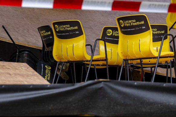 A view after the floor of the podium where the speeches were to be delivered collapsed at the Fondazione Monte Verita on the sideline of the 79th Locarno Film Festival, in Ascona near Locarno Switzerl ...