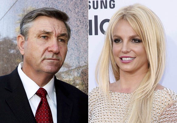 Jamie Spears, father of singer Britney Spears, leaves the Stanley Mosk Courthouse in Los Angeles on Oct. 24, 2012, left, and Britney Spears arrives at the Billboard Music Awards in Las Vegas on May 17 ...