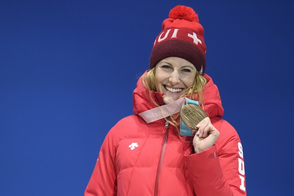 Bronze medalist Fanny Smith of Switzerland celebrates during the victory ceremony on the Medal Plaza for the women Freestyle Skiing Ski Cross event at the XXIII Winter Olympics 2018 in Pyeongchang, So ...