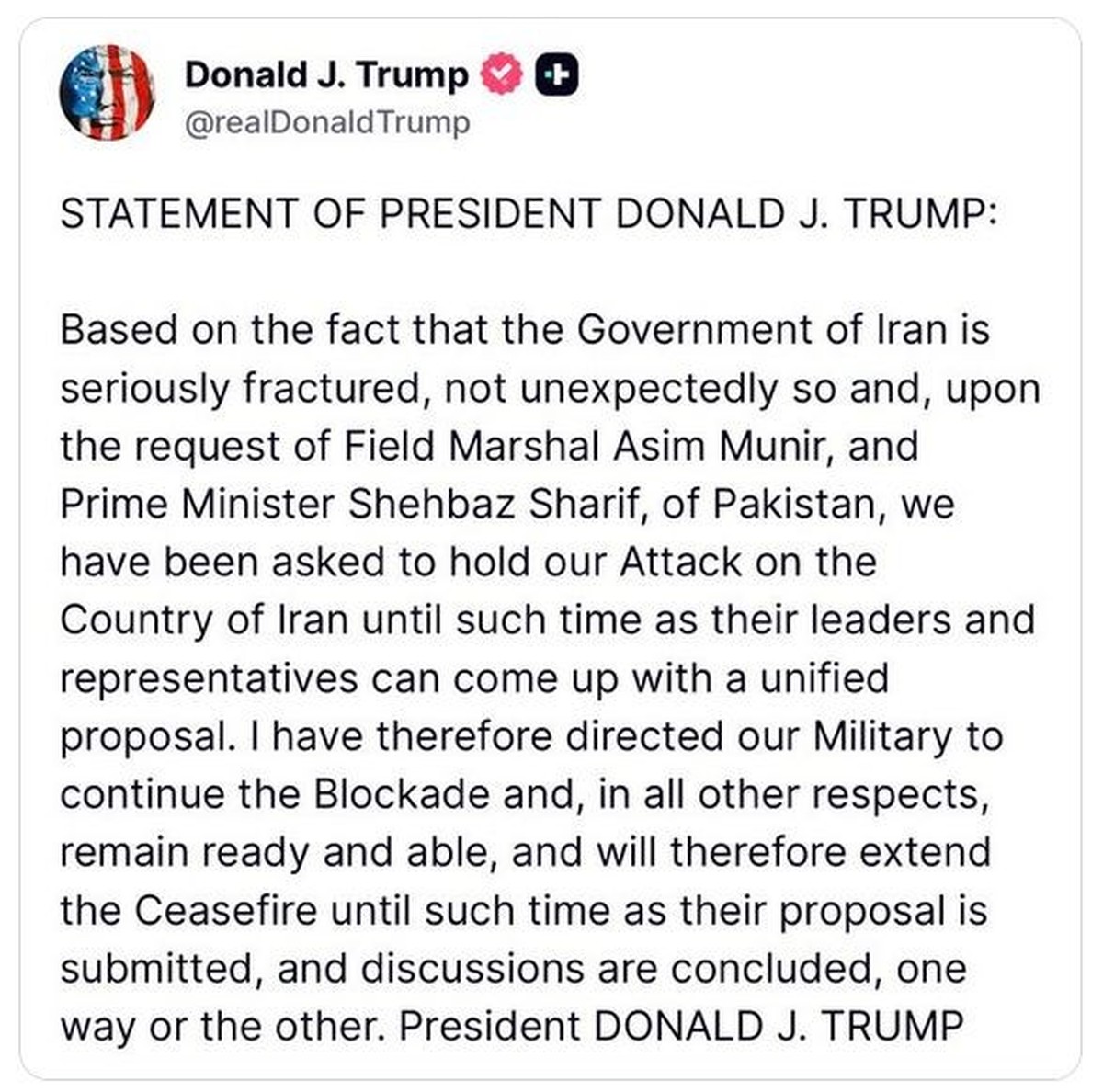 Trump auf Truth Social, 21.4.2026