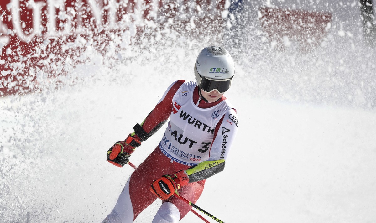 epa10466459 Julia Scheib of Austria in the finish area after her run in the quarter final of the Alpine Team Parallel event at the FIS Alpine Skiing World Championships in Meribel, France, 14 February ...